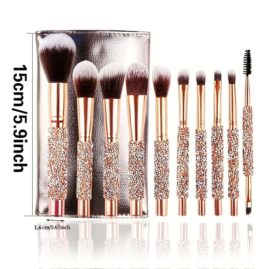 10Pcs Luxury Makeup Brush Set Diamond Rivet Handle Design Crystal Makeup Brush, For Face And Eye Makeup Brush Professional Foundation Concealer Eye Shadow Makeup Tool