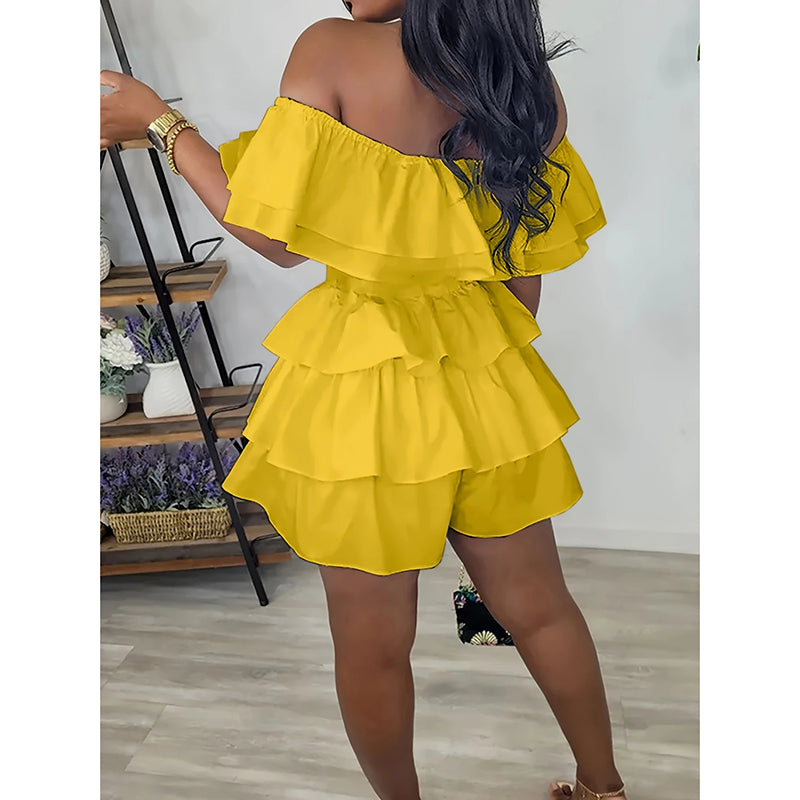 Womens Sexy Off Shoulder Rompers Summer Ruffle Short Sleeve Tiered Short Jumpsuits