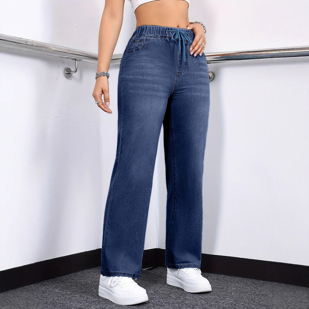 Oversized Jeans Drawstring Elastic Waistband Plain Washed Blue Casual