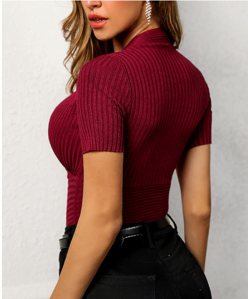 Low Cut Deep-V Slim Short Sleeved Pit Strip Knit Bottoming Crossover Top T Shirt Women