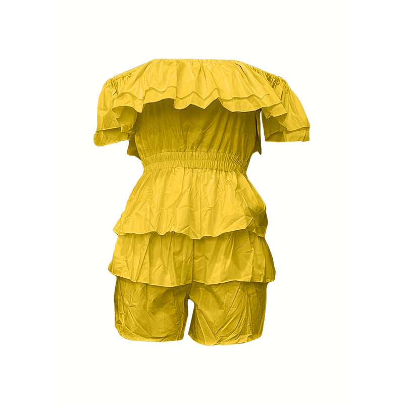 Womens Sexy Off Shoulder Rompers Summer Ruffle Short Sleeve Tiered Short Jumpsuits