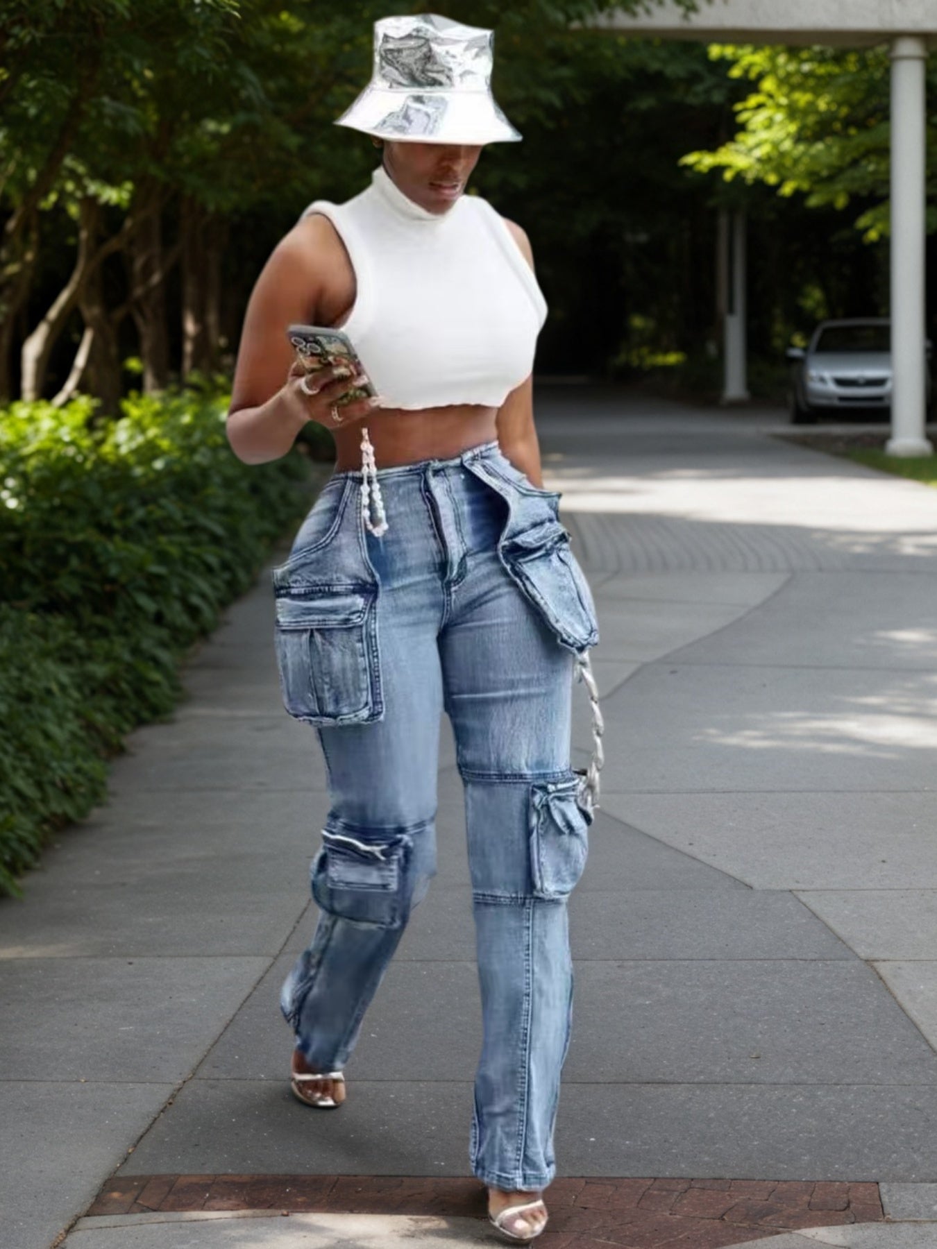 New Women's Casual And Versatile Multi-pocket Work Pants, Mid-waisted Washed Straight-cut Jeans