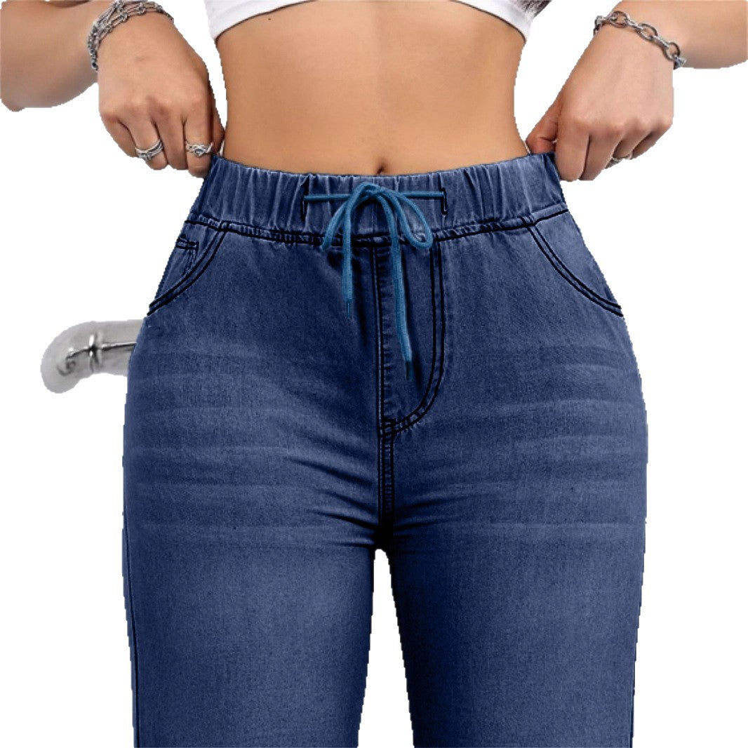 Oversized Jeans Drawstring Elastic Waistband Plain Washed Blue Casual