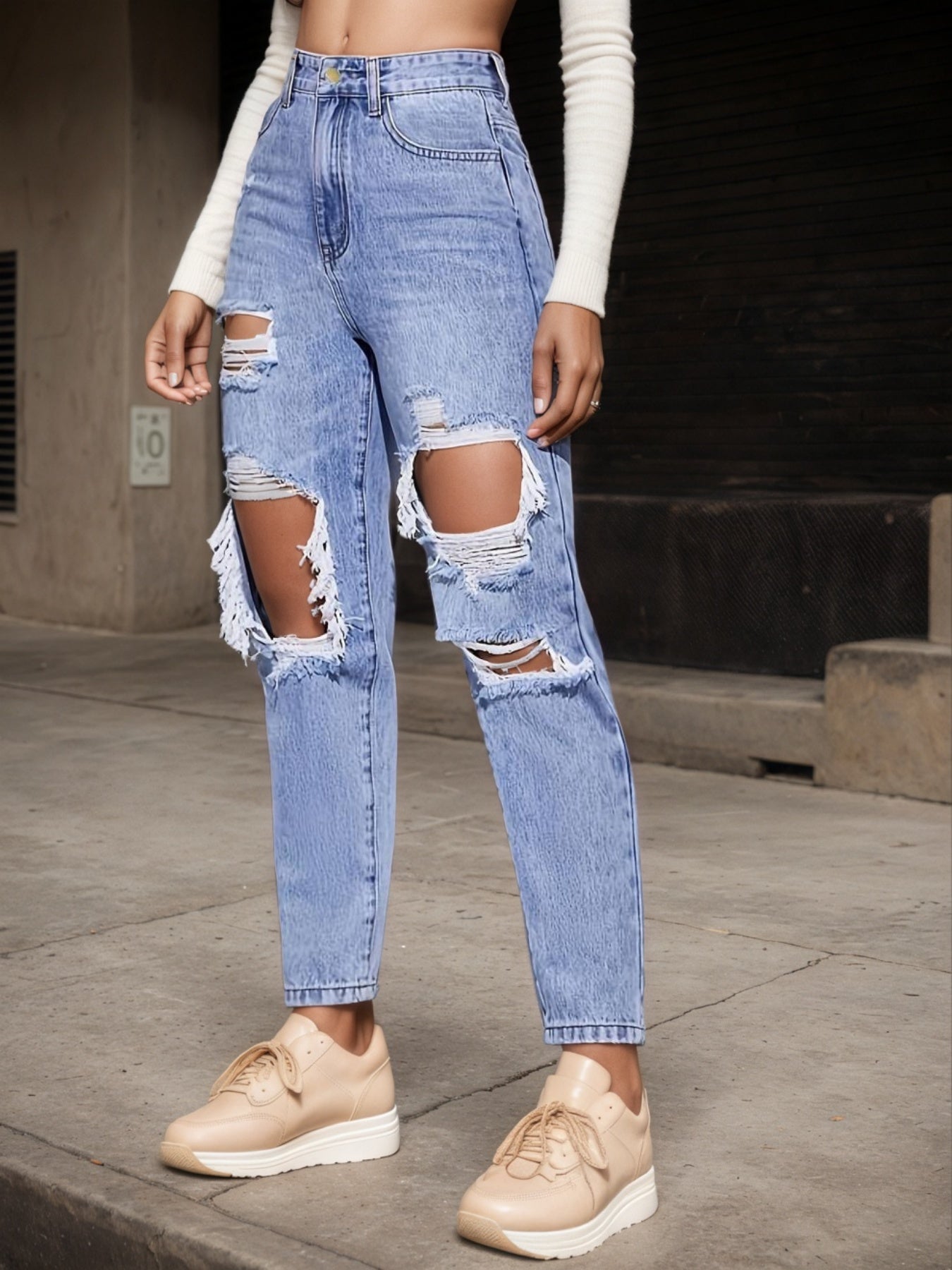 Women's New Style Jeans, High Waist With Distressed Details, Straight-leg Cut, Casual Streetwear, Versatile Fashion, Women's Wear