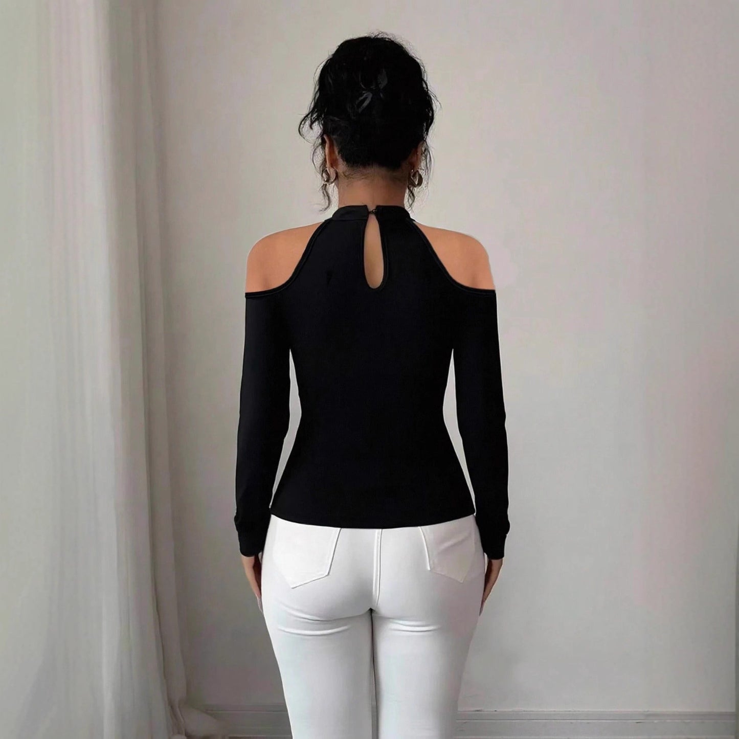 Hollow Out Shoulder-baring Applique Pleated Curved Hem Slim Top