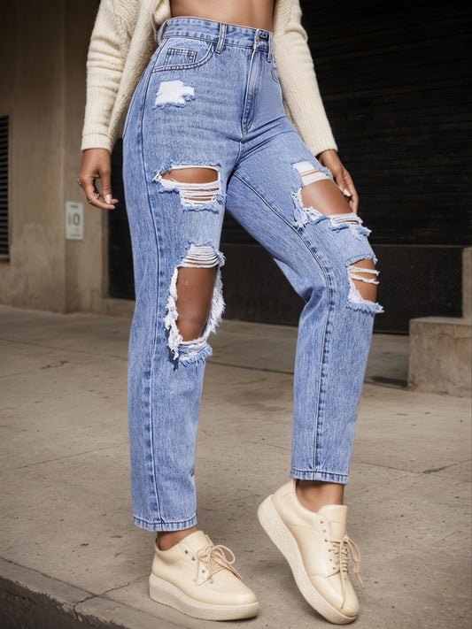 Women's New Style Jeans, High Waist With Distressed Details, Straight-leg Cut, Casual Streetwear, Versatile Fashion, Women's Wear