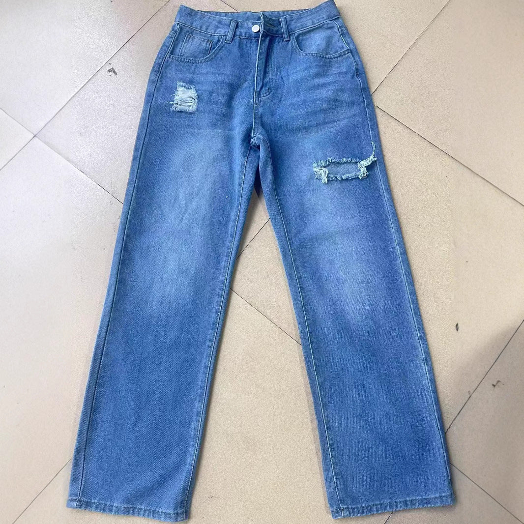 European And American Ladies Washed Hole Denim Trousers