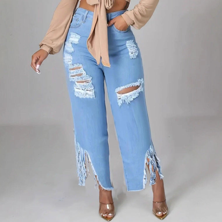 Solid Color Distressed Washed Denim Jeans