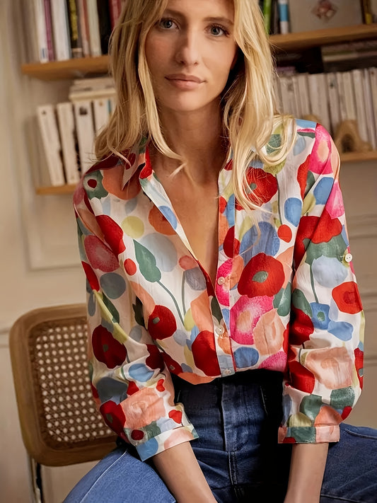 Plus Size Floral Print Button Front Shirt, Casual Long Sleeve Shirt For Spring & Fall, Women's Plus Size Clothing
