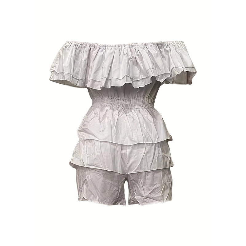 Womens Sexy Off Shoulder Rompers Summer Ruffle Short Sleeve Tiered Short Jumpsuits